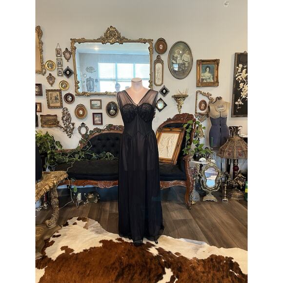 Vintage Vanity Fair Black Sheer Nylon & Lace Long Nightgown Lingerie Size 34 - Picture 1 of 6